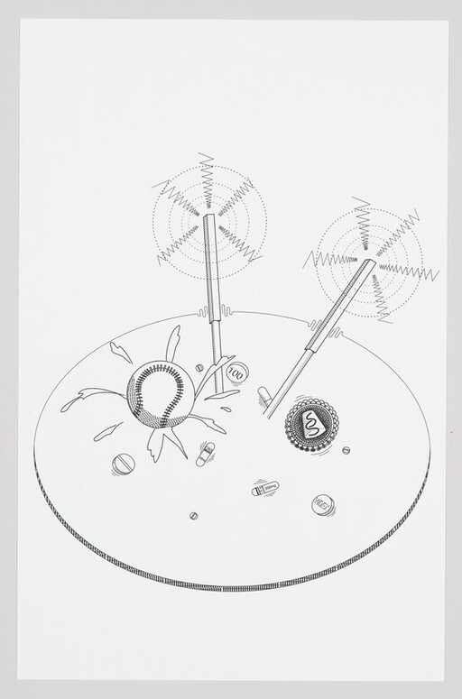 Two vibrating rods above a round platform with pills, coins, and a cracked ball.