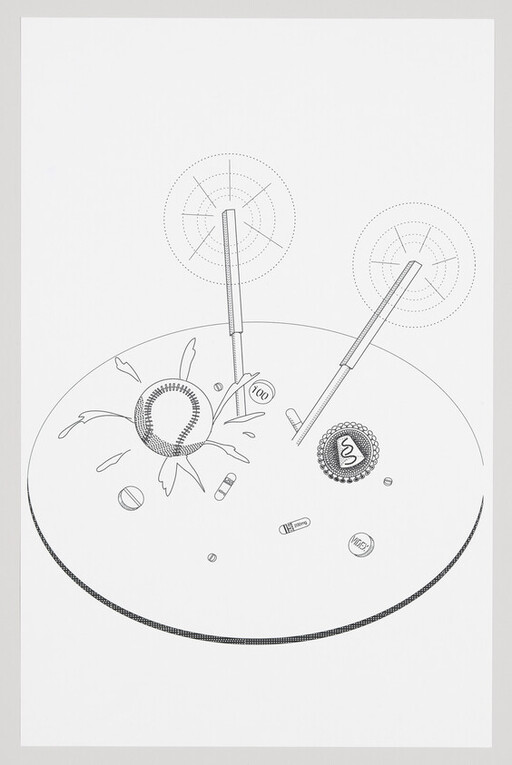 Two probes puncture a round object in a dish, scattering pills and droplets.