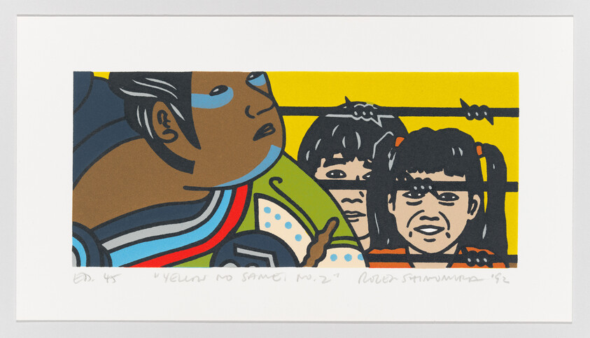 A colorful print featuring stylized, cartoon-like figures. The foreground shows a large profile of a person's face with blue eyes and dark hair, while in the background, two smaller faces with black hair and similar eyes appear to be peeking out. The artwork uses bold colors such as yellow, blue, red, and black, and has text at the bottom indicating the edition and possibly the title or artist's signature.