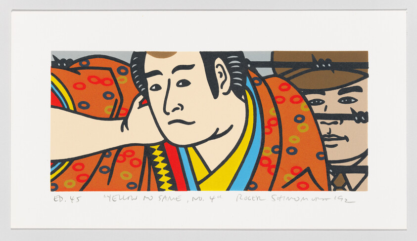 A print featuring stylized, colorful portraits of two men, with the foreground figure in a vibrant orange robe adorned with patterns, resting his chin on his hand, and the background figure in a brown hat and suit. The artwork includes text at the bottom indicating it is an editioned piece.