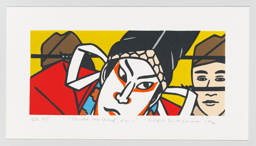 A vibrant print featuring stylized, geometric representations of human faces with bold colors, predominantly red, yellow, and black. The artwork includes text at the bottom indicating it is edition 45 and titled "YELLOW NO SAME, NO. 11" by Roger Shimomura, dated 1992.