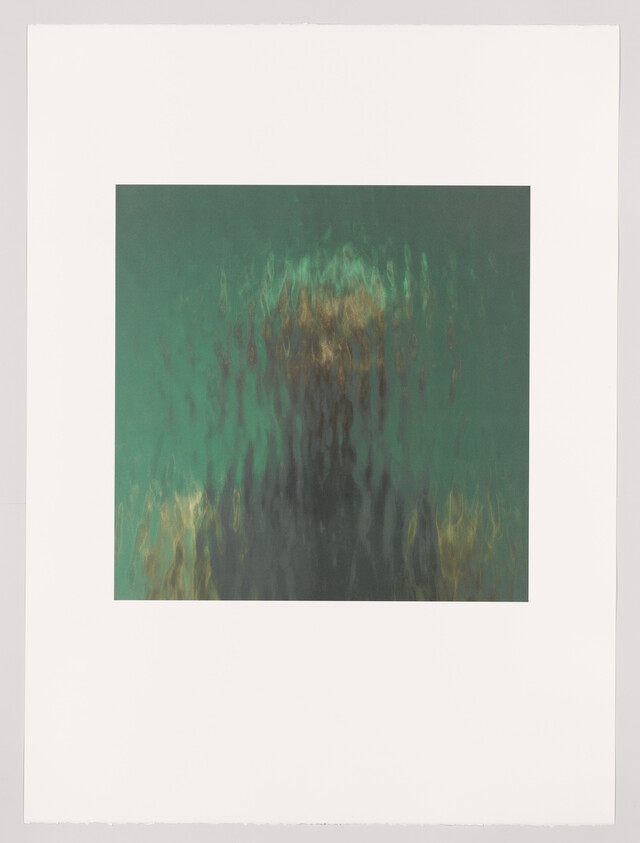 A blurred dark figure seen through rippling green water with golden highlights.