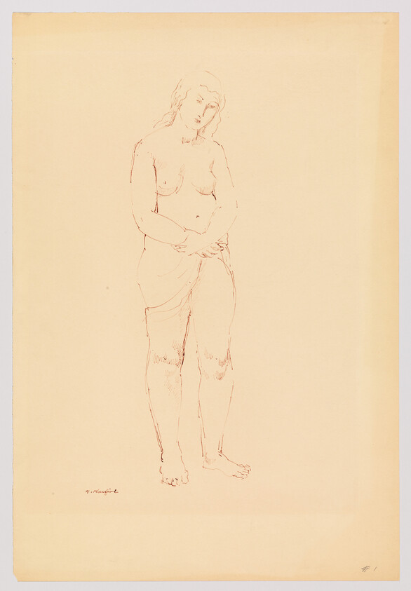Standing nude woman with hands covering her lower abdomen, drawn in light pencil.