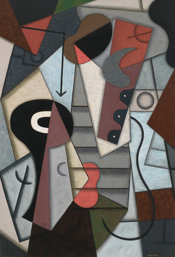 Abstract cubist composition of overlapping geometric shapes suggesting a guitar, faces, and stair-like forms.