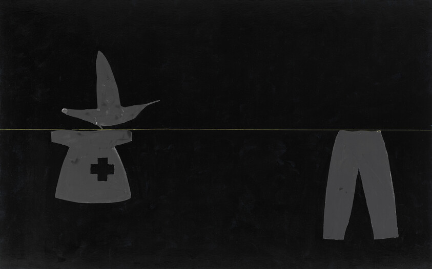 Gray silhouettes of a bird on a hat with a cross and a pair of pants.