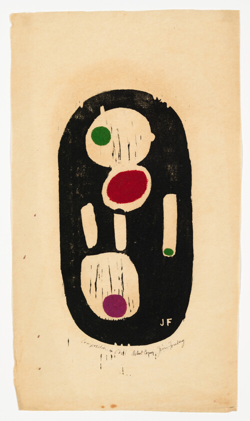 An abstract artwork on aged paper featuring bold black shapes with splashes of color: green, red, and purple. The composition is simple and childlike, with a large black form dominating the center, surrounded by smaller colored circles and elongated shapes. There's handwriting at the bottom, possibly indicating the title and artist's signature.