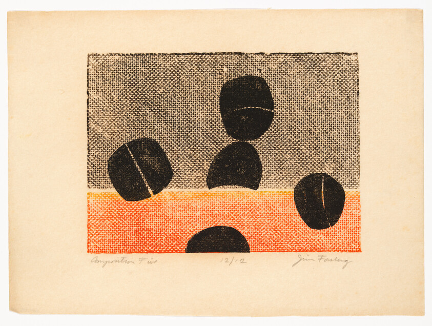 A print featuring an abstract composition with four black circular shapes overlaid on a textured background, with two of the shapes intersecting an orange horizontal band at the bottom. The print is signed and numbered by the artist in the lower margin.