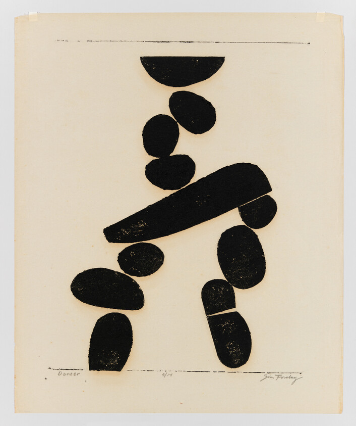 An abstract artwork featuring a series of black shapes arranged vertically on an off-white paper. The shapes vary in size and form, resembling stones or organic forms, creating a totem-like structure. The image includes a signature at the bottom right and some handwritten text at the bottom left, possibly indicating the title of the piece and edition number.