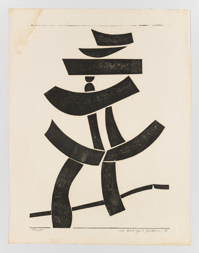 A print featuring an abstract, calligraphic design in black ink on a cream-colored paper. The design resembles stylized characters or symbols, with thick, bold strokes and sharp angles. There is a signature at the bottom left that reads "Temple" and text at the bottom right indicating the artist's name and the year, which appears to be 1956.
