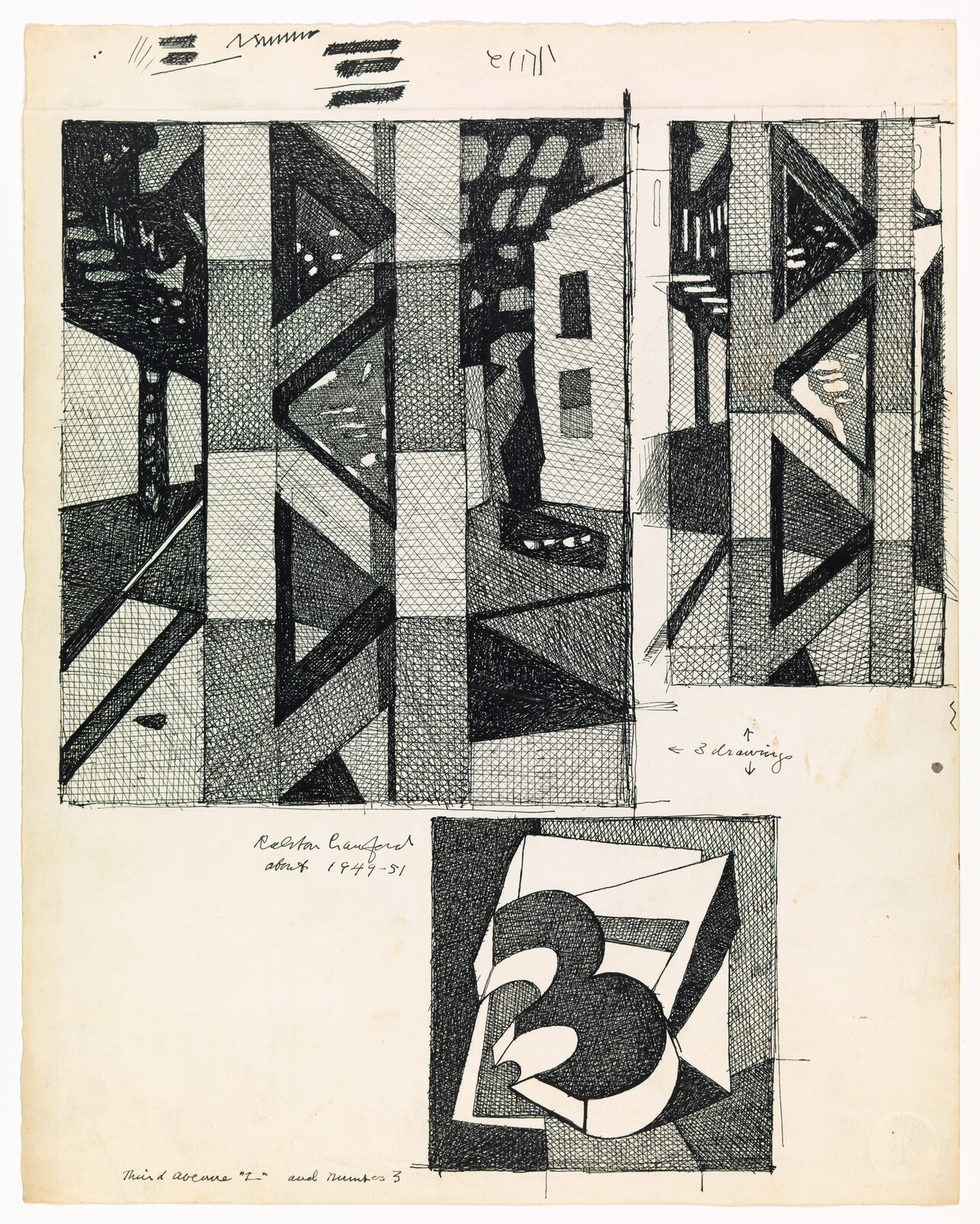 Black ink geometric study with intersecting panels and a bold stylized number three at bottom.