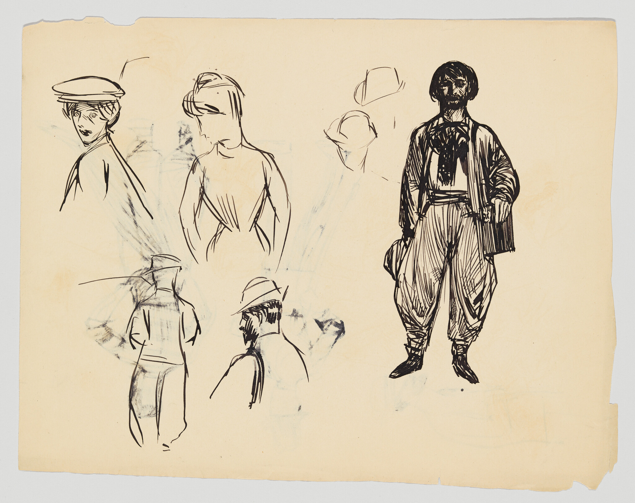 Multiple ink figure sketches show various poses with a standing man in baggy trousers on the right.