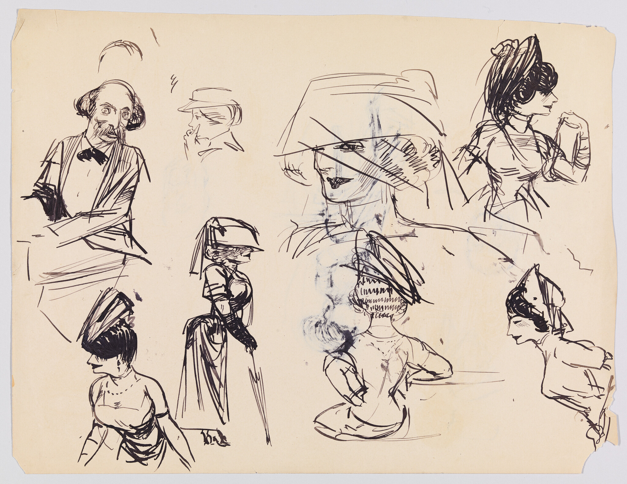 A collection of rough black ink sketches on a beige paper featuring various figures, including a bearded man in profile and several women wearing hats and period clothing. The drawings appear to be quick studies, capturing gestures and fashion with dynamic lines and minimal detail.
