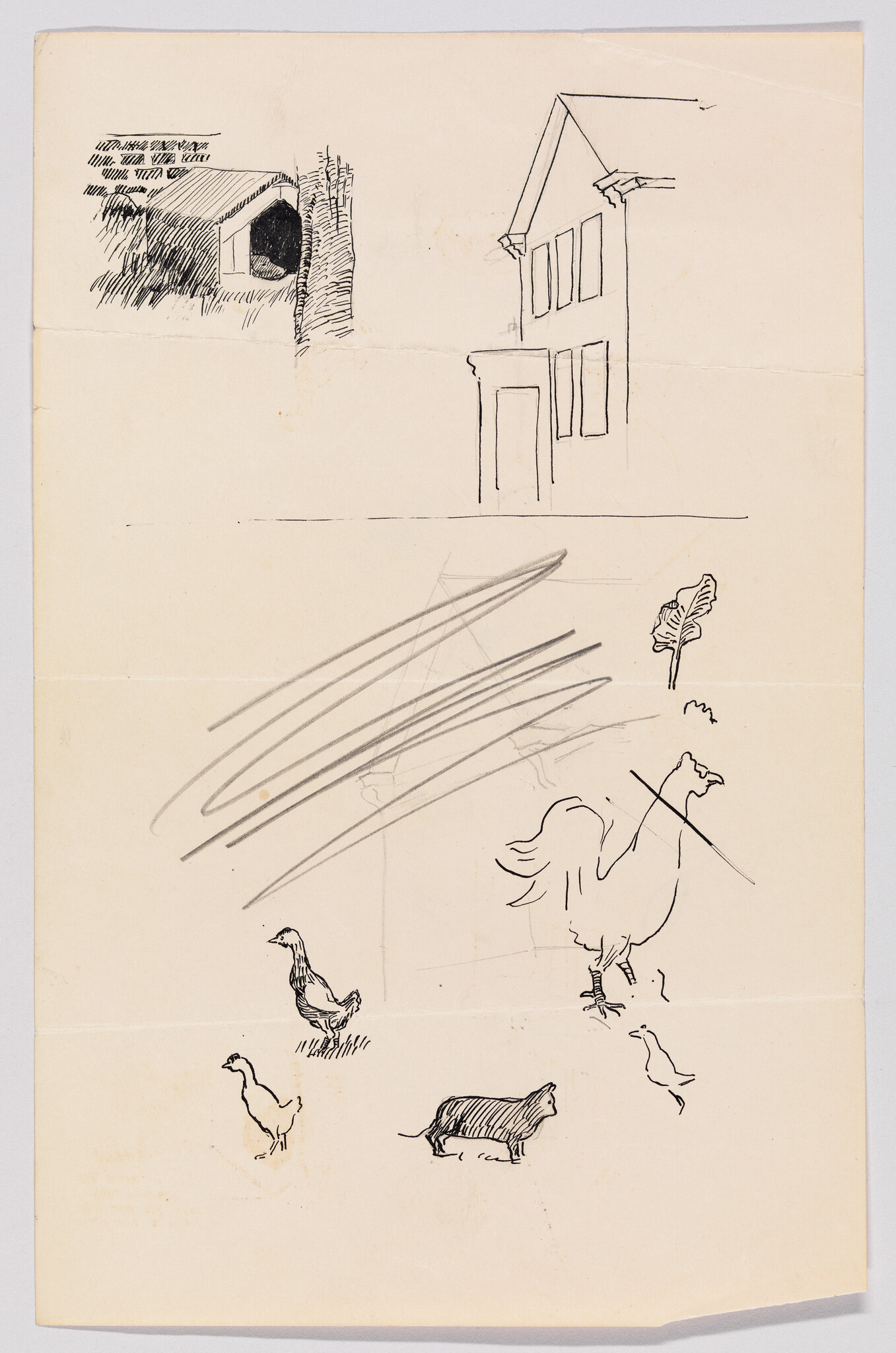 Simple ink sketches of a house, a doghouse, and several farm animals including chickens and a pig.
