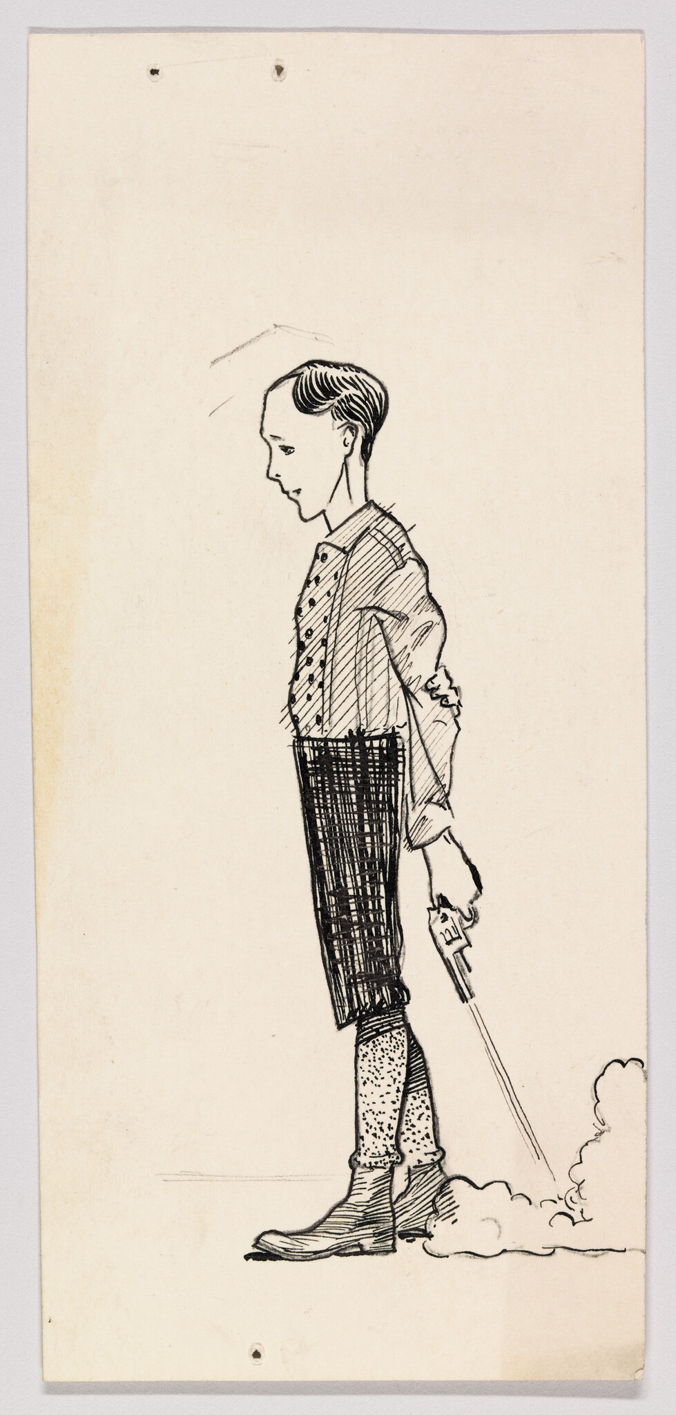 A slim young man stands in profile holding a smoking pistol pointed down toward the ground.