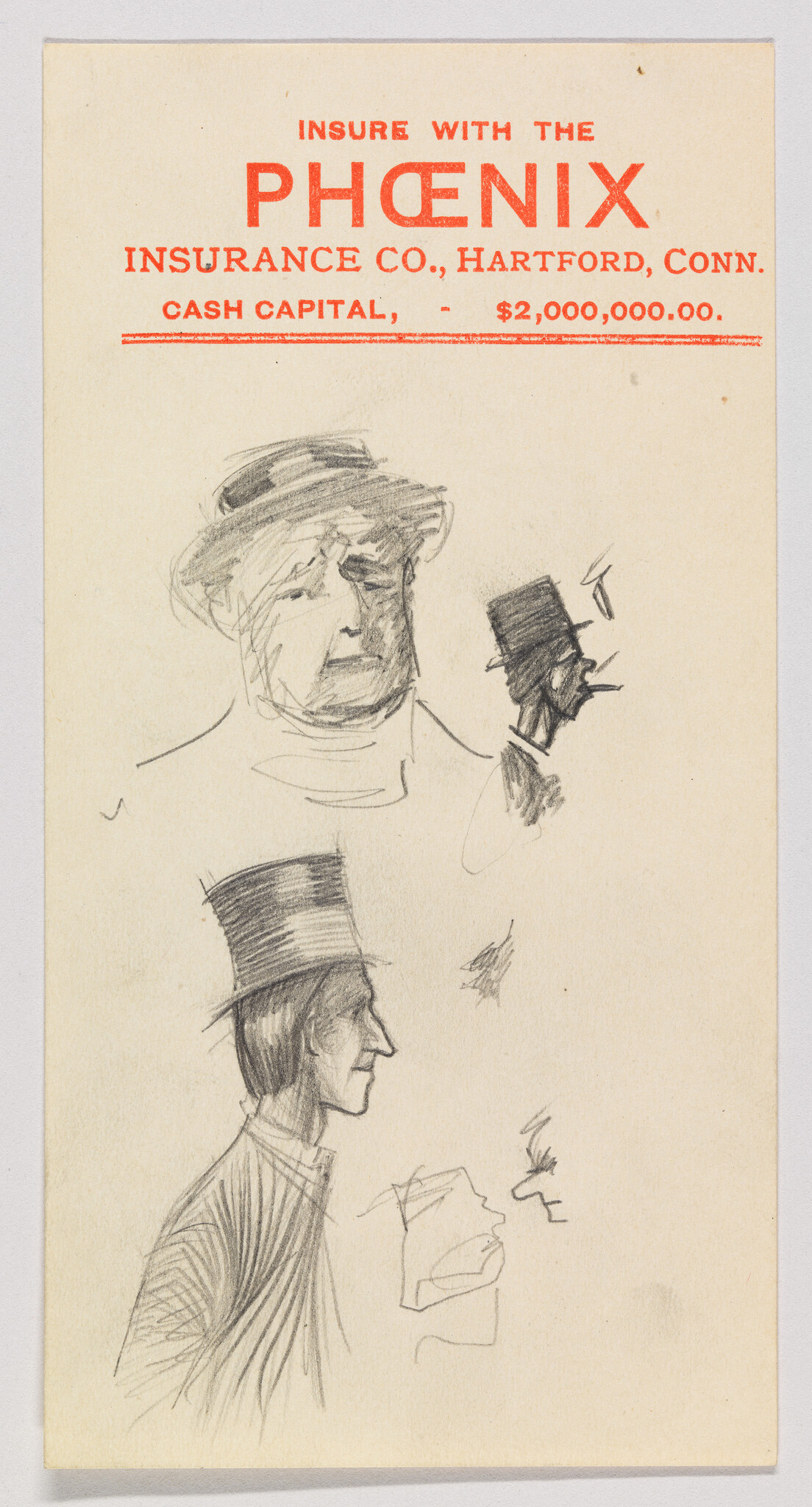 Several pencil sketches of men wearing top hats on Phoenix Insurance Co. stationery.