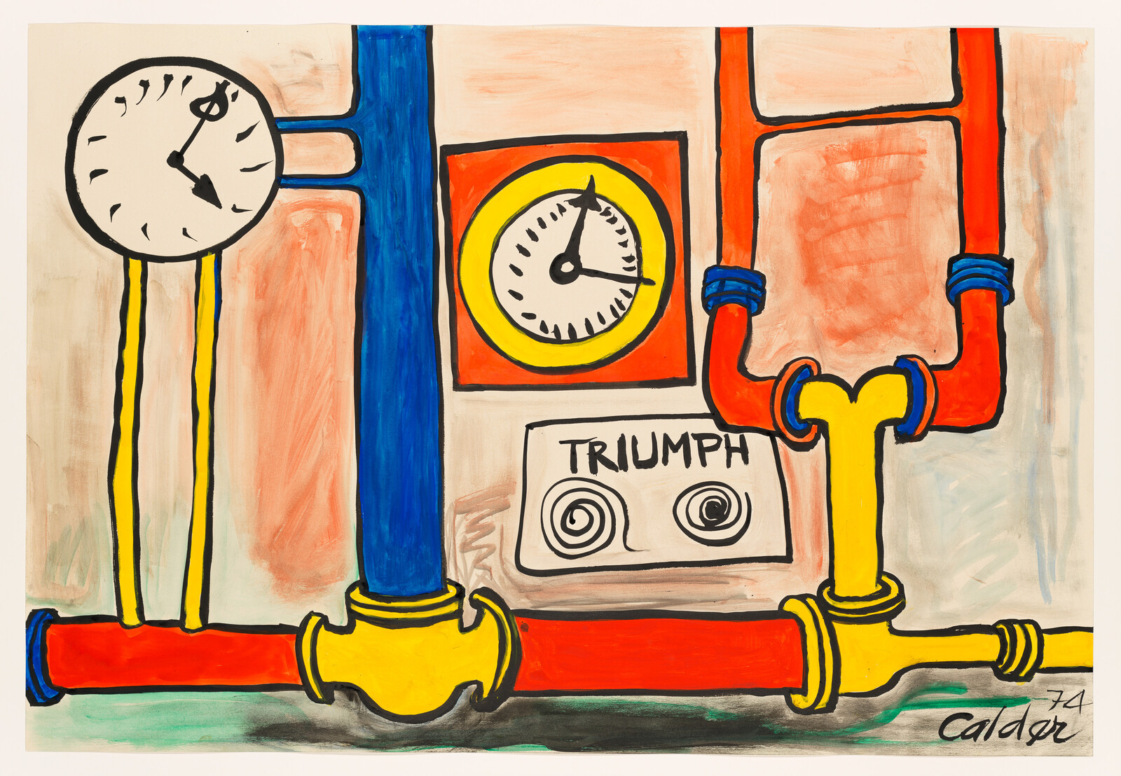 Bright red, yellow, and blue pipes connected to pressure gauges and a panel labeled TRIUMPH.