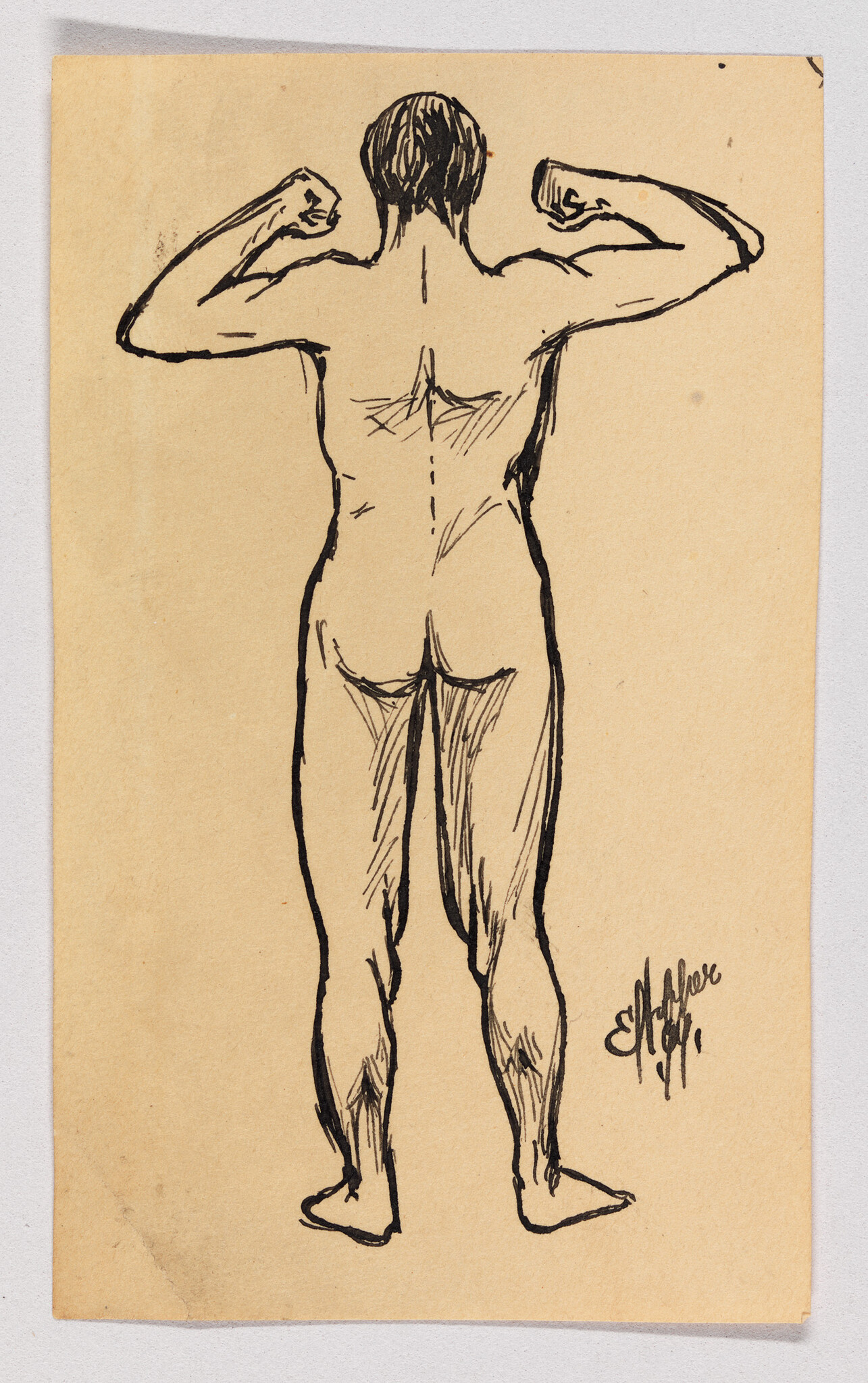 Nude person seen from the back standing with arms flexed, ink sketch on paper.