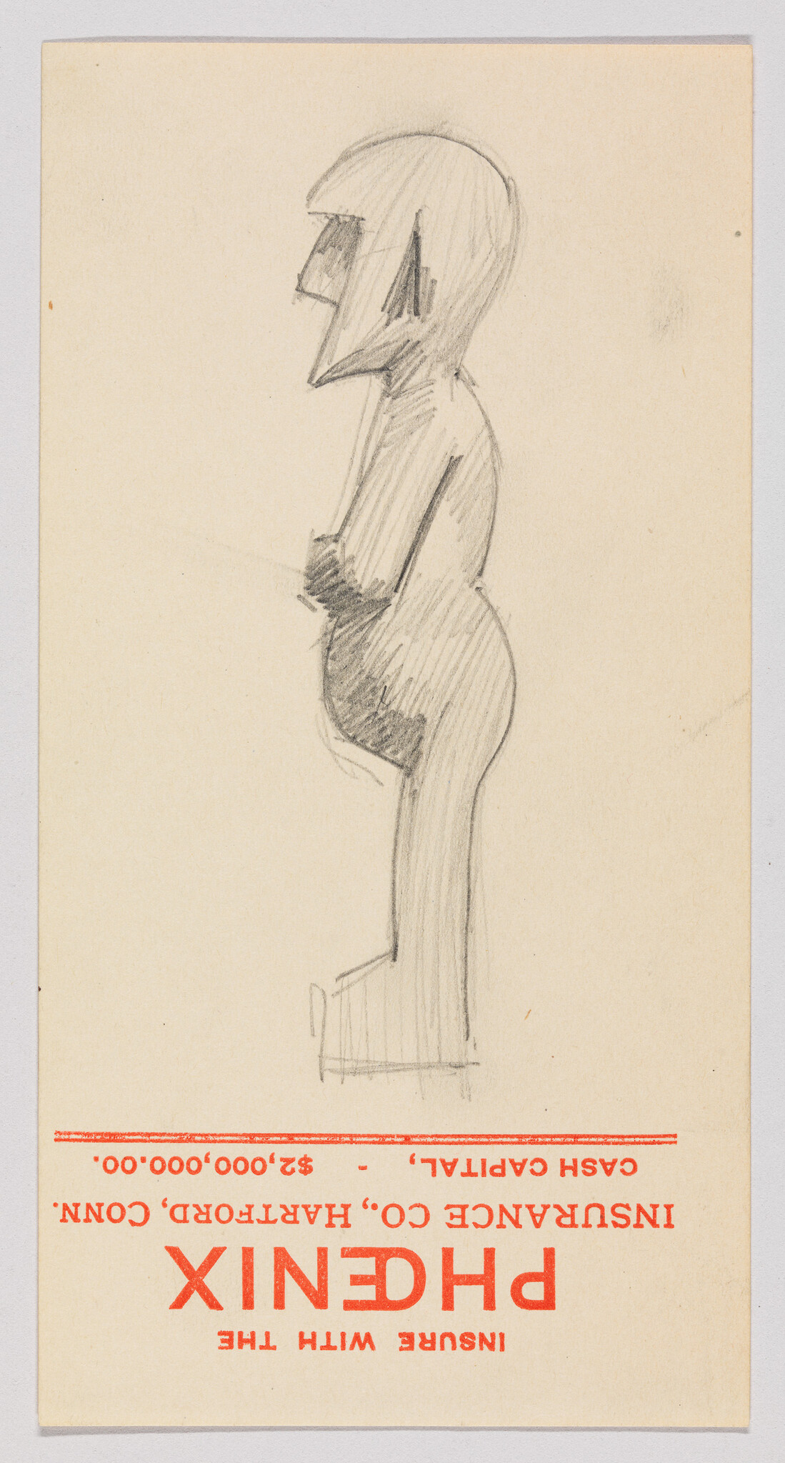 A simple pencil sketch of a standing human figure in profile with a rounded belly.