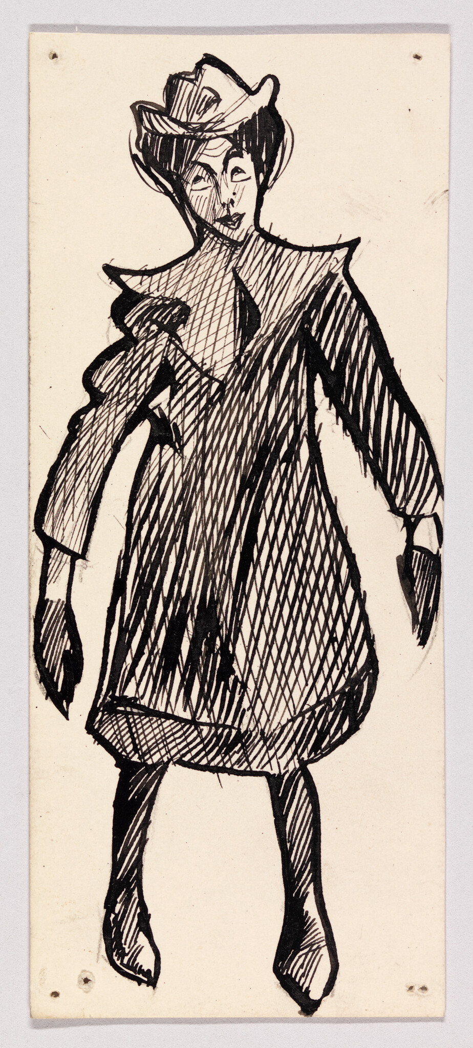 Woman wearing a wide-brimmed hat and patterned dress standing with arms slightly out.