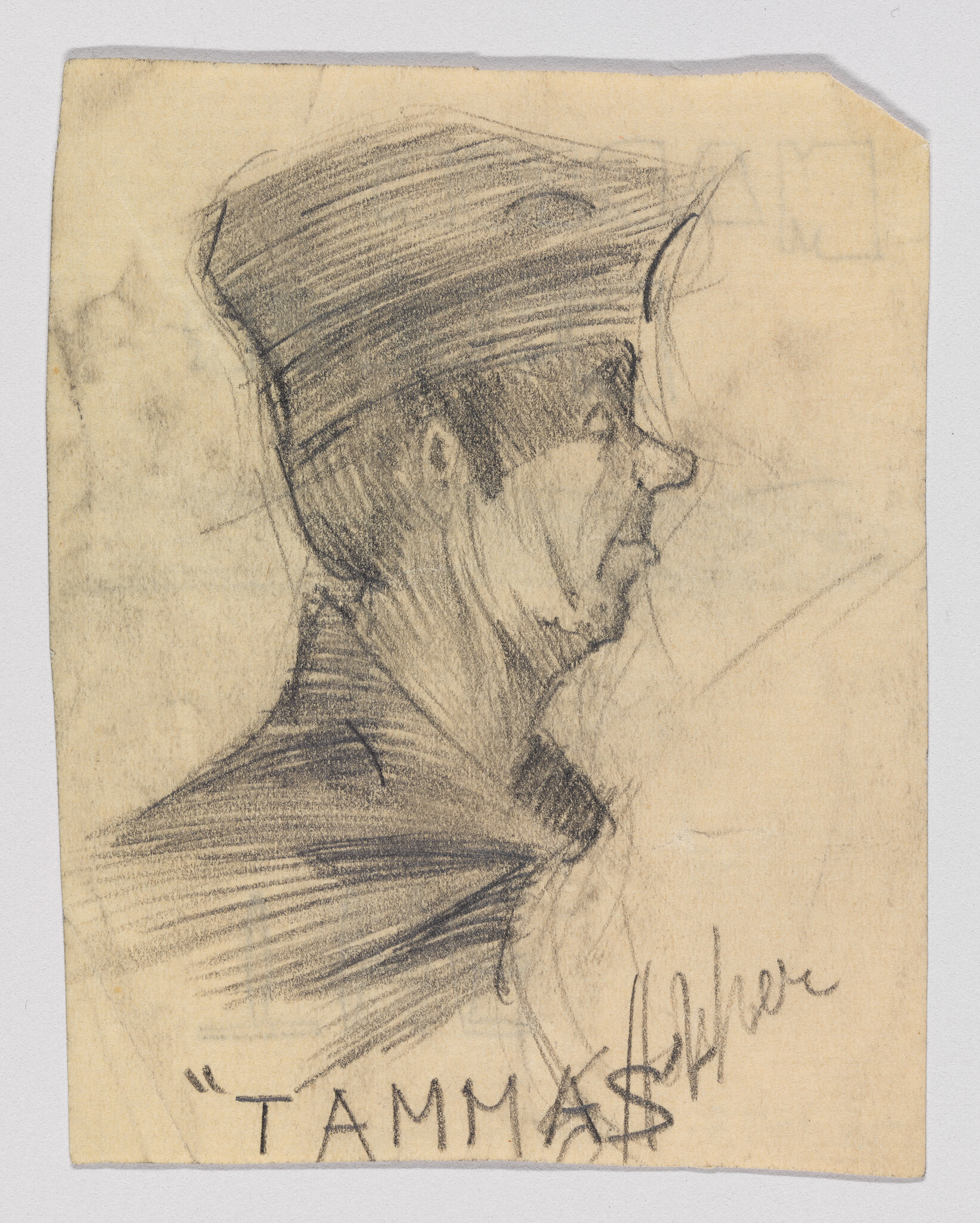 Pencil sketch of a man in profile wearing a tall hat with "TAMM" written below.