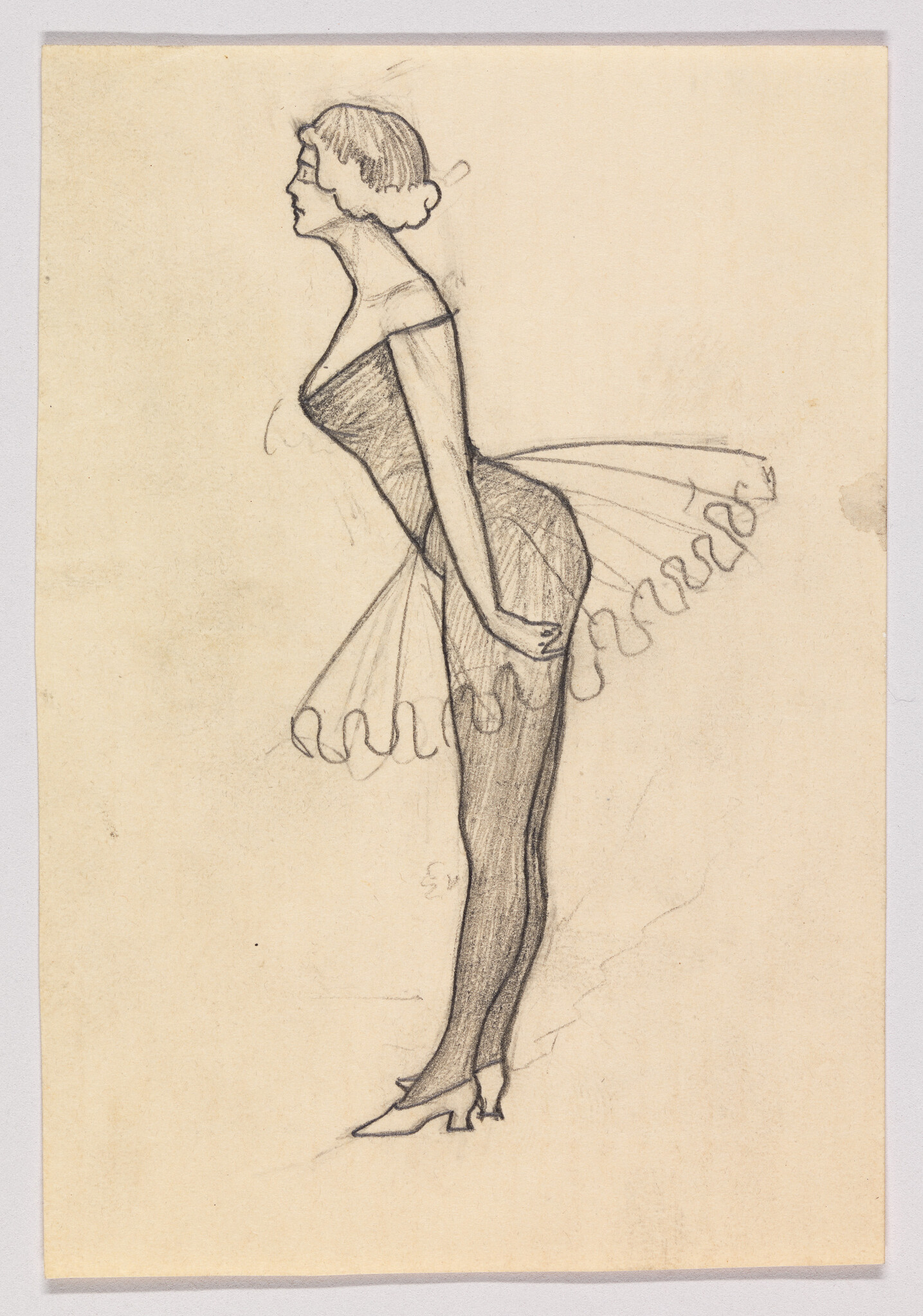Pencil sketch of a ballerina in a tutu leaning forward with hands clasped behind her.