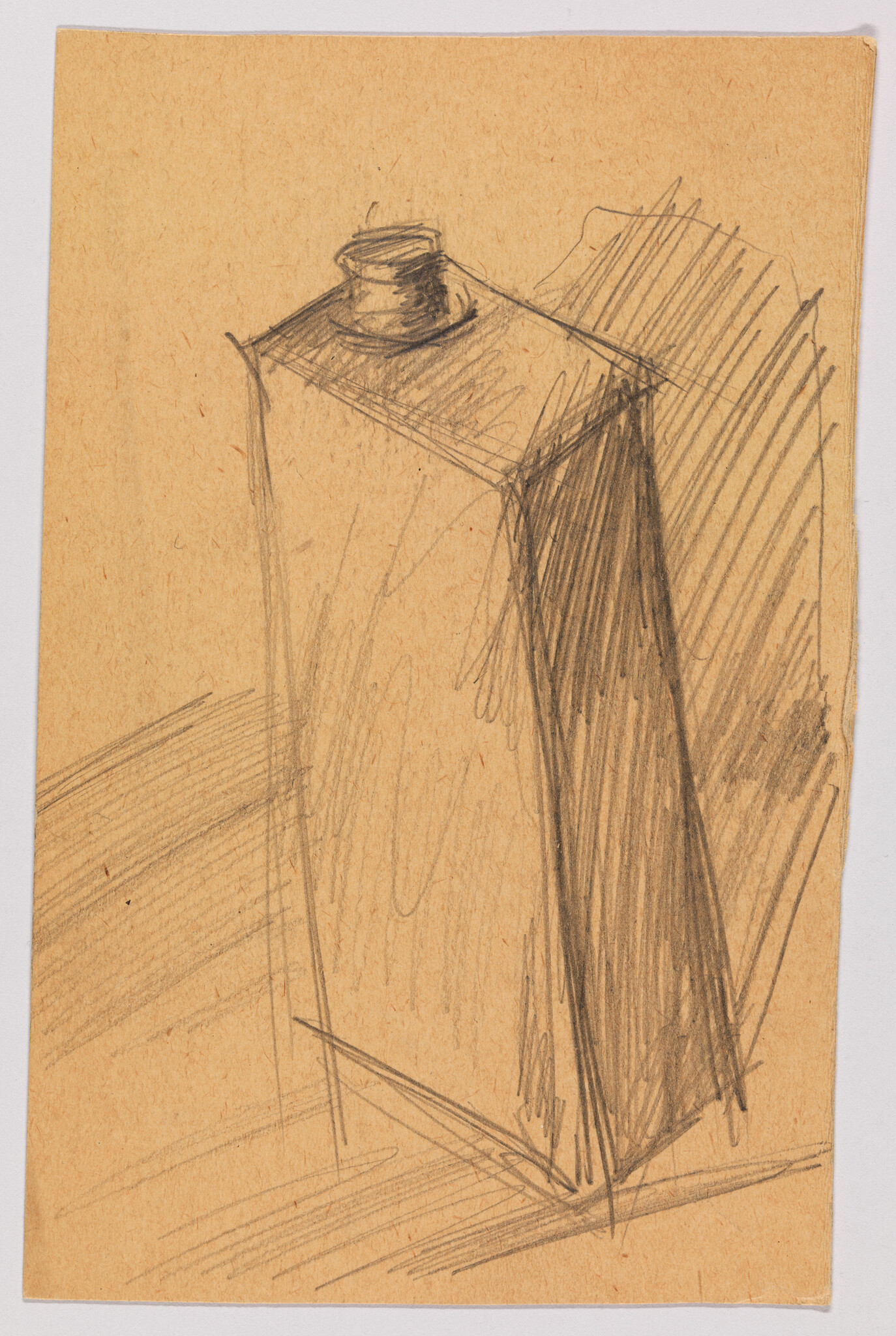 Tall rectangular carton with a screw cap sketched in pencil with shaded sides.