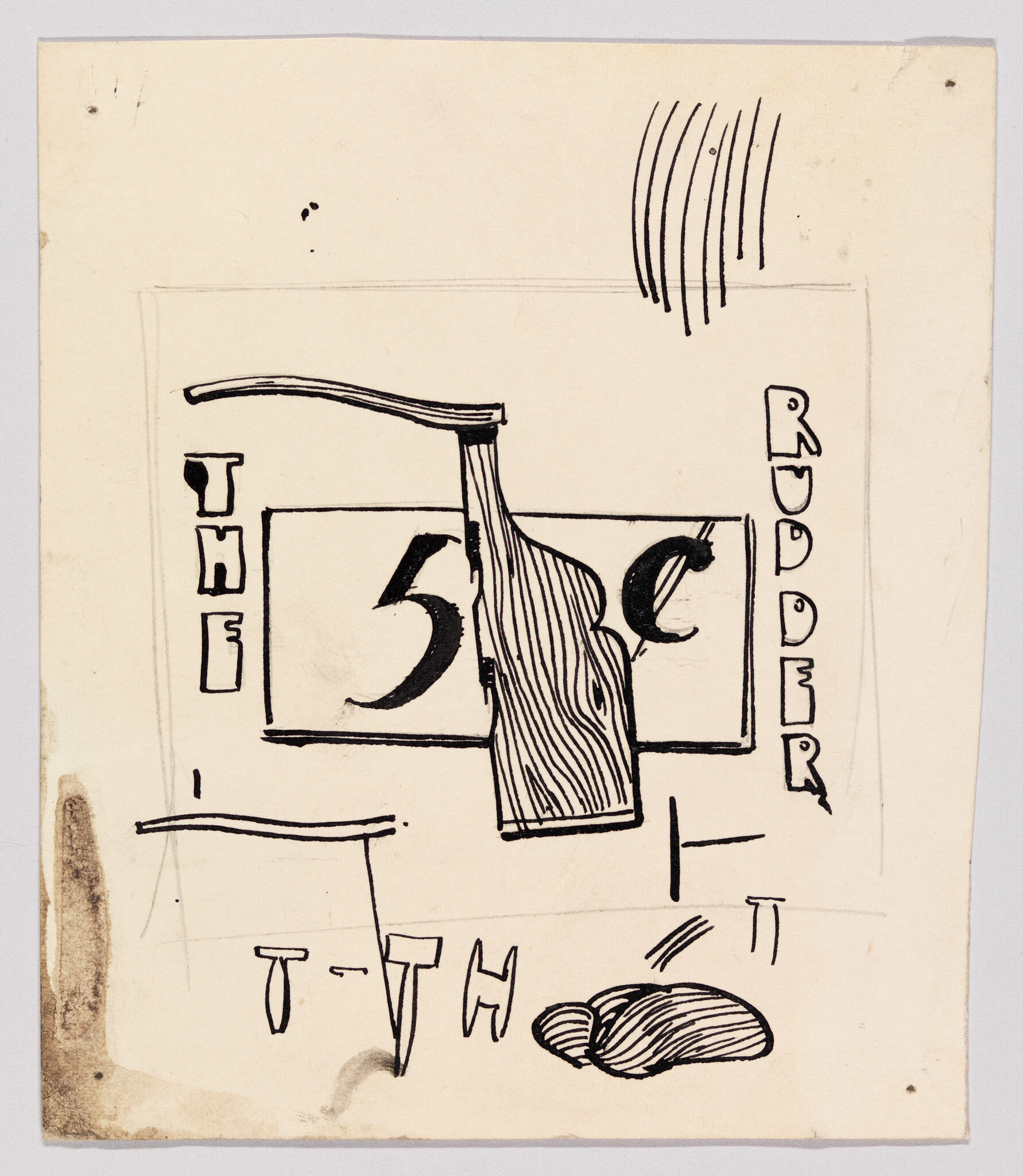 Hand-drawn poster sketch showing a large 5¢ sign with a rudder illustration and The Rudder text.