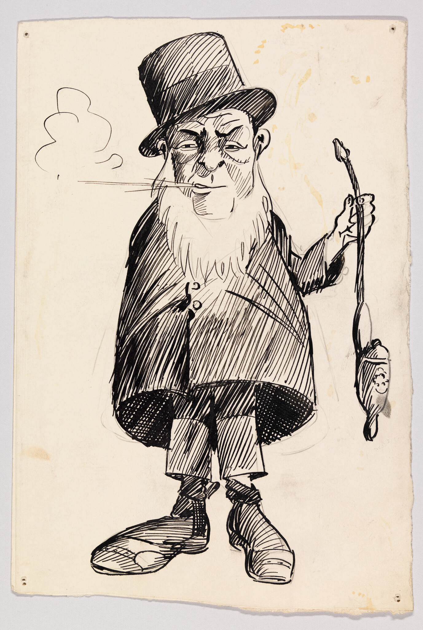 A hand-drawn caricature of an elderly man with a long beard, wearing a top hat, a coat, and boots. He is smoking a pipe, with smoke puffing out, and holding a walking stick with a fish hanging from the end. The background is plain with a single cloud drawn in the upper left corner, and the paper shows signs of age with some discoloration and spots.