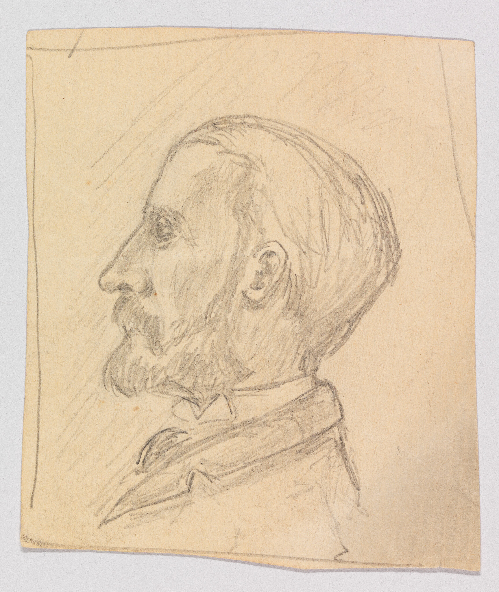 Pencil sketch of a bearded man shown in left-facing profile on aged paper.