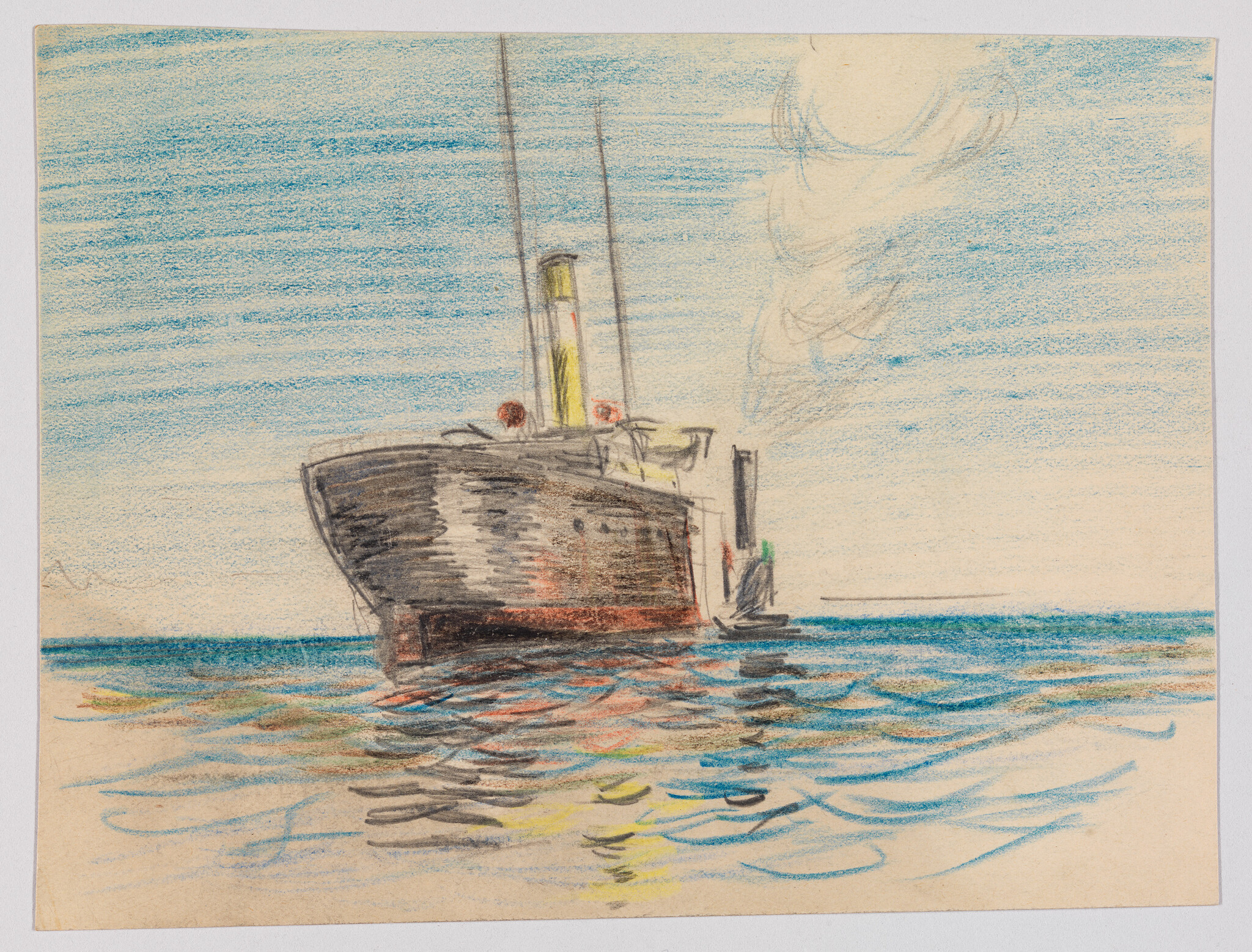 A small steamship sits on calm sea water with smoke rising from its smokestack.