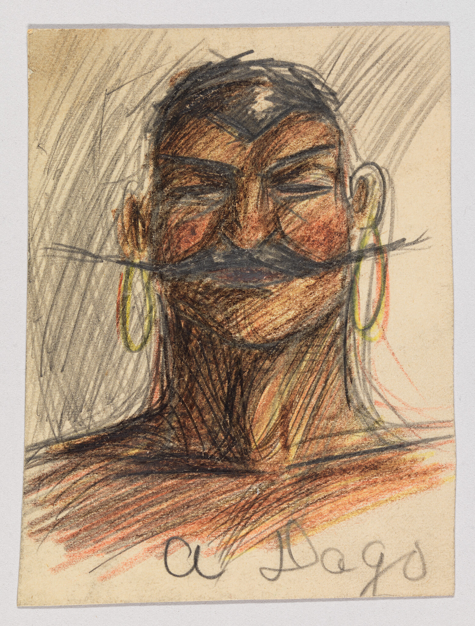 A man with a large mustache and hoop earrings faces forward with closed eyes.