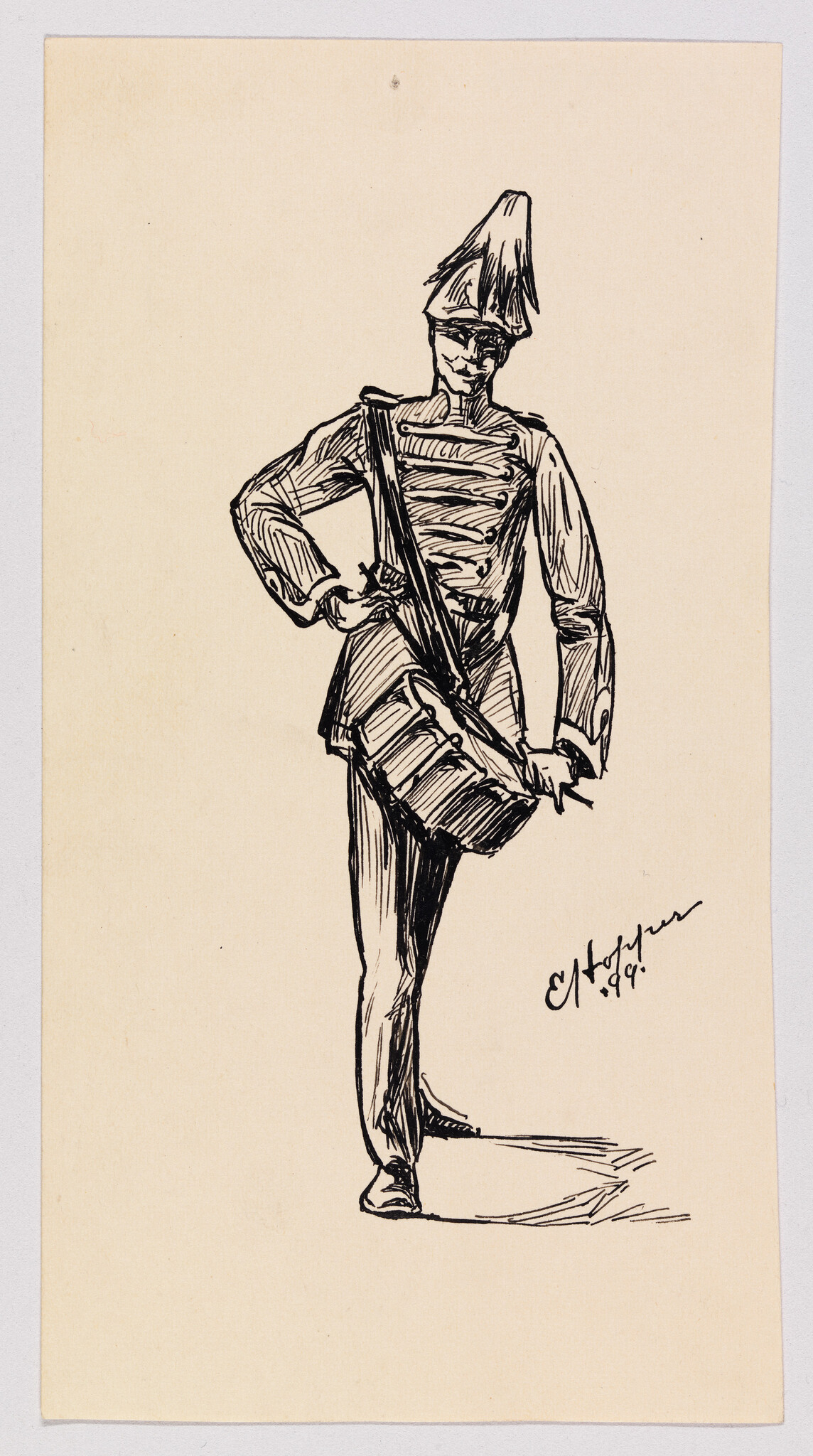 A marching drummer in a tall hat stands with one hand on his hip and drum.