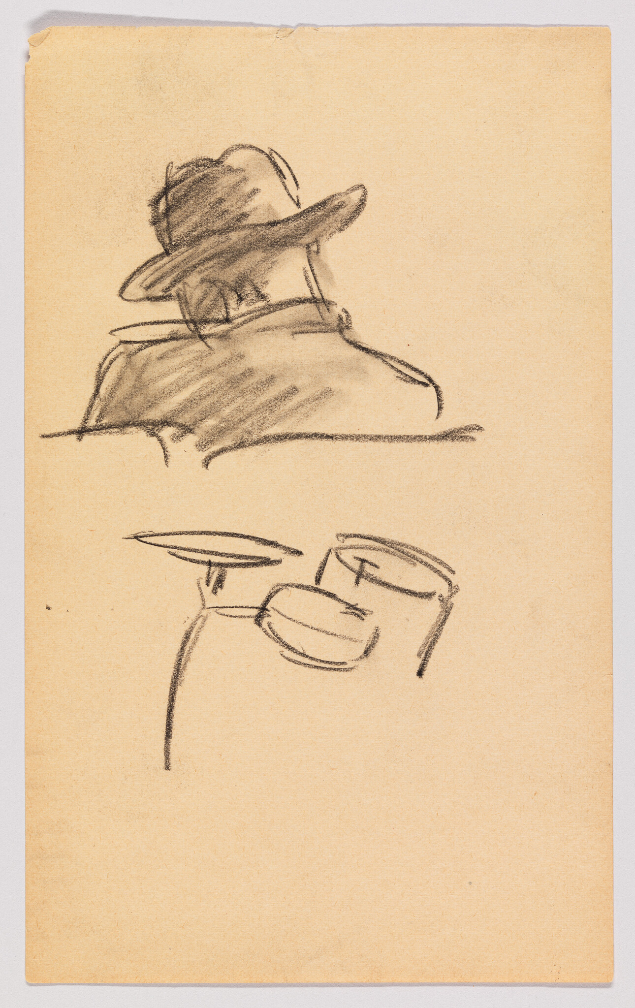 Sketch on tan paper featuring a rough outline of a person wearing a wide-brimmed hat viewed from behind at the top, and a separate sketch of a pair of round glasses with a nose below it at the bottom. The drawing is minimalistic with visible pencil strokes.