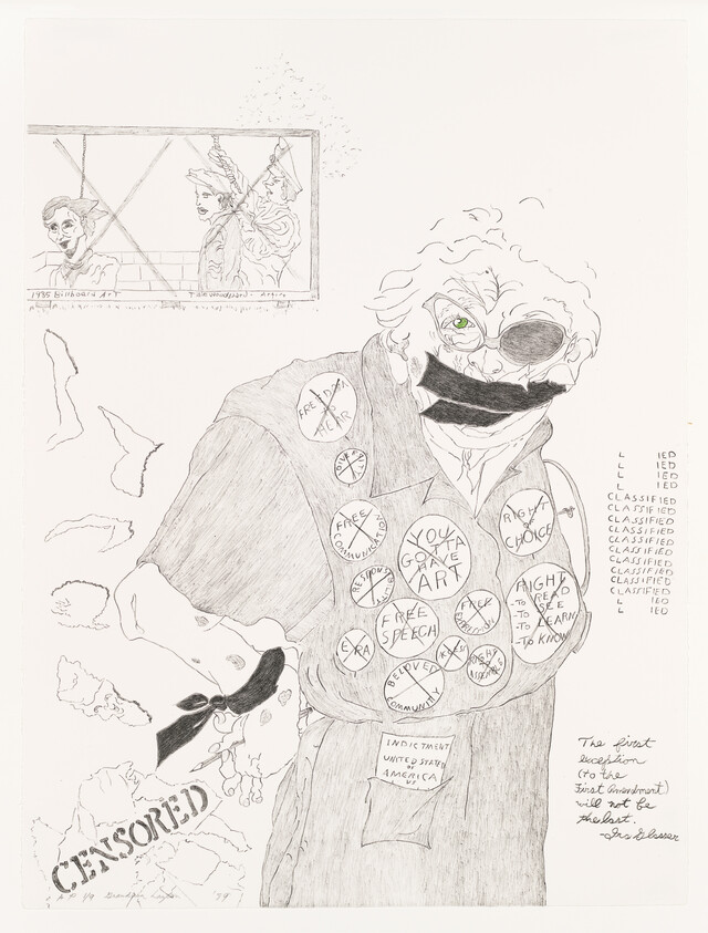 A masked, eyepatched figure with mouth taped and protest buttons about free speech and censorship.