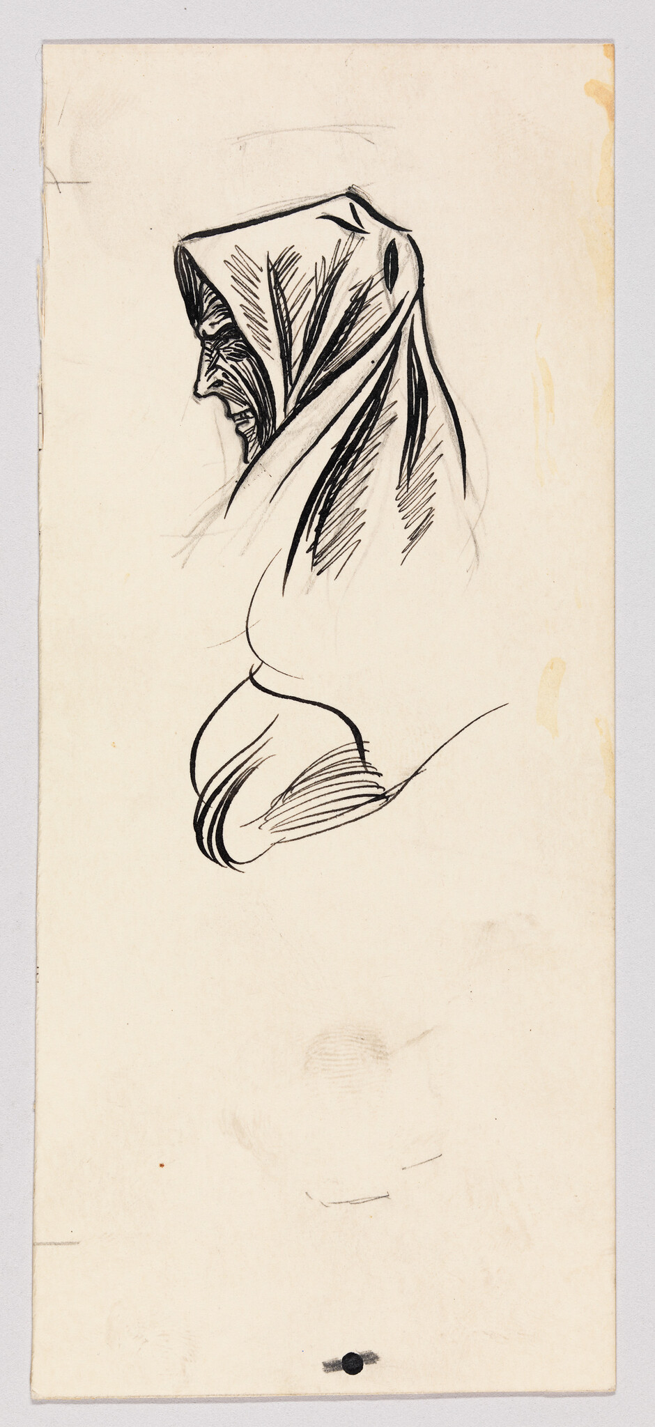 An ink sketch shows an elderly woman in a hooded shawl, profile with deep facial wrinkles.