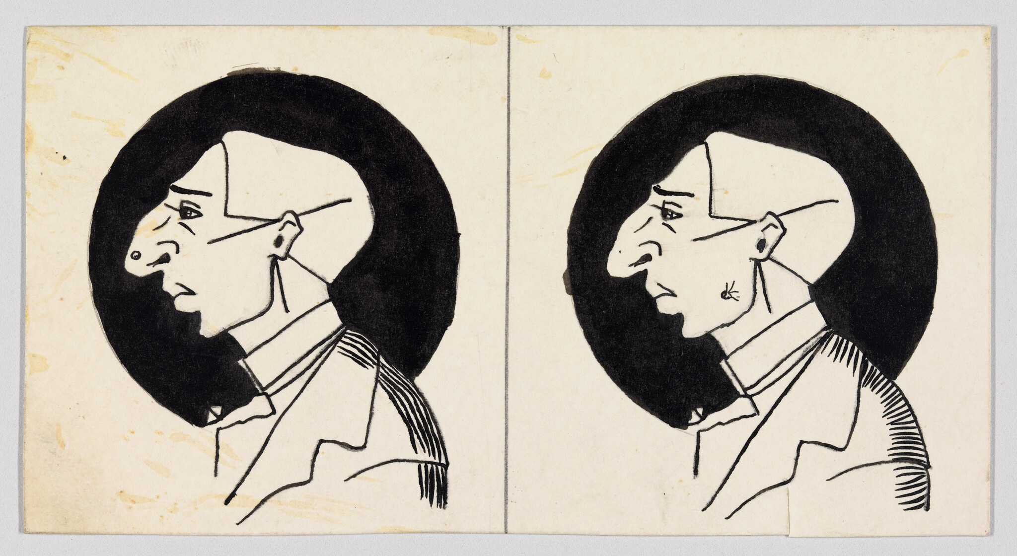 Two side-by-side ink portraits of a man in profile with a dark circular background.