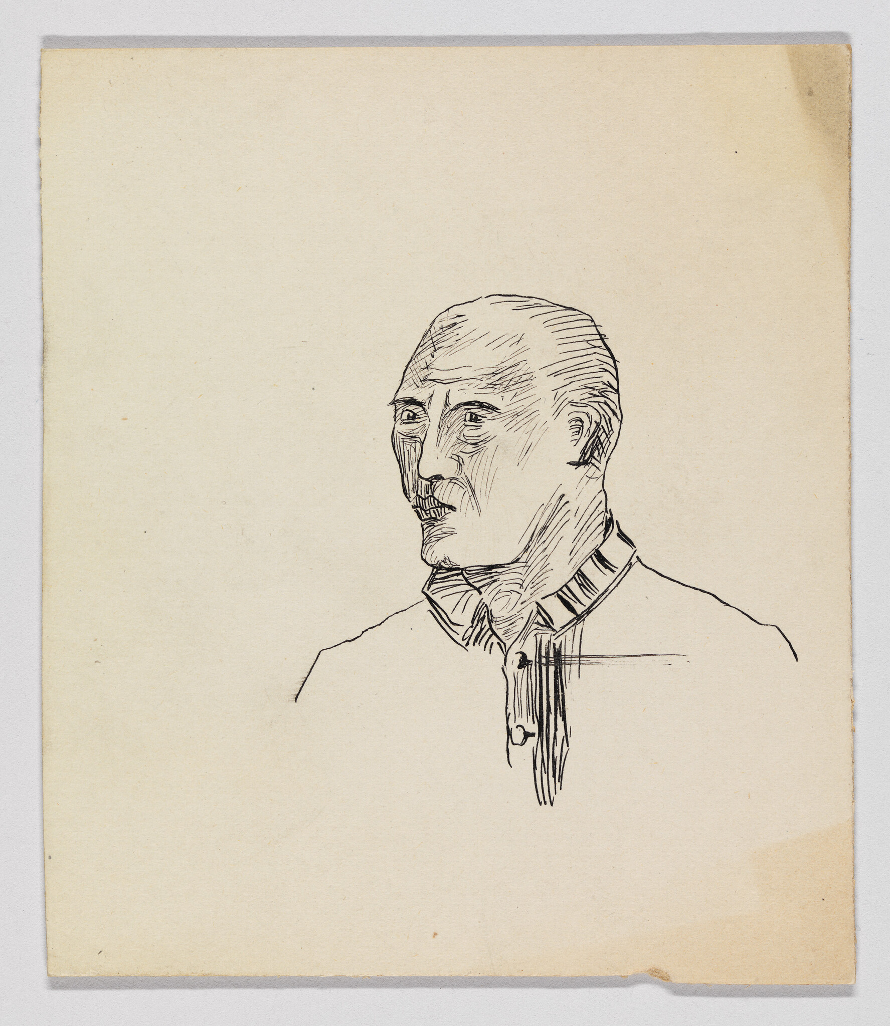 Sketch of an older man in three-quarter view wearing a collared shirt with buttons.