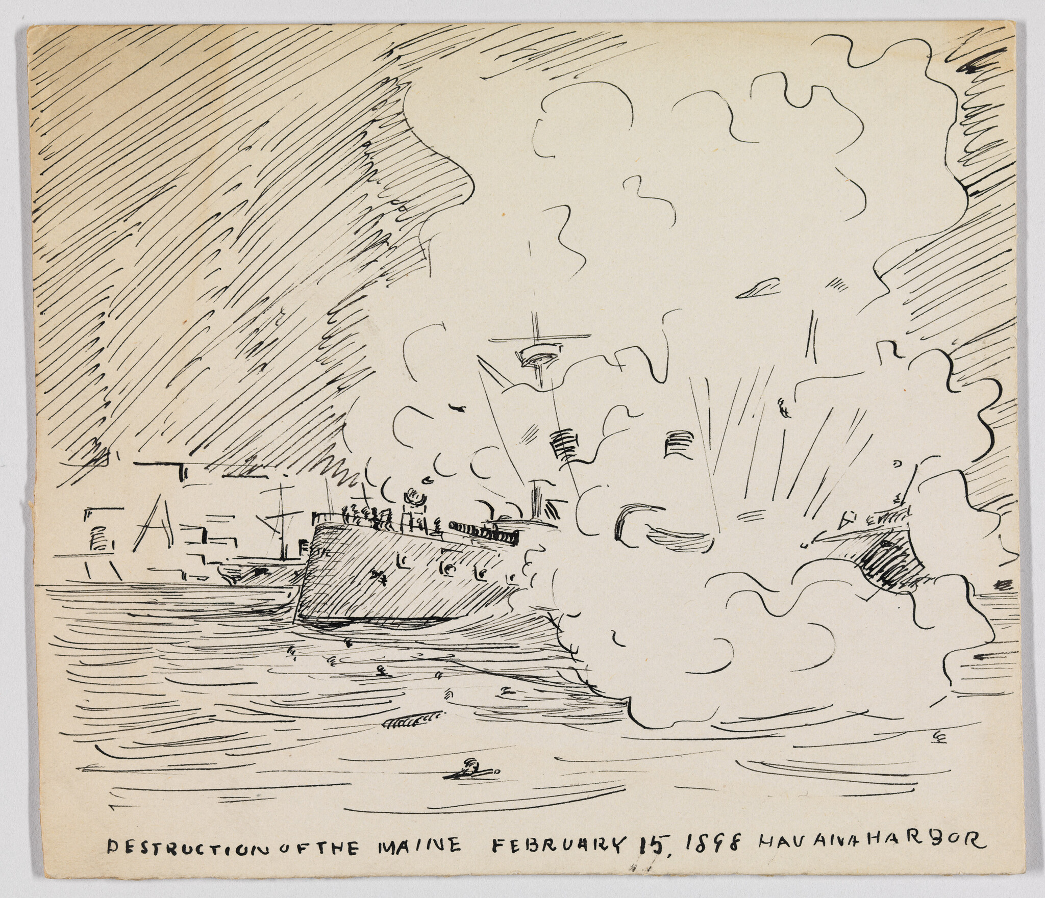 A naval ship explodes in harbor, labeled "Destruction of the Maine, February 15, 1898."