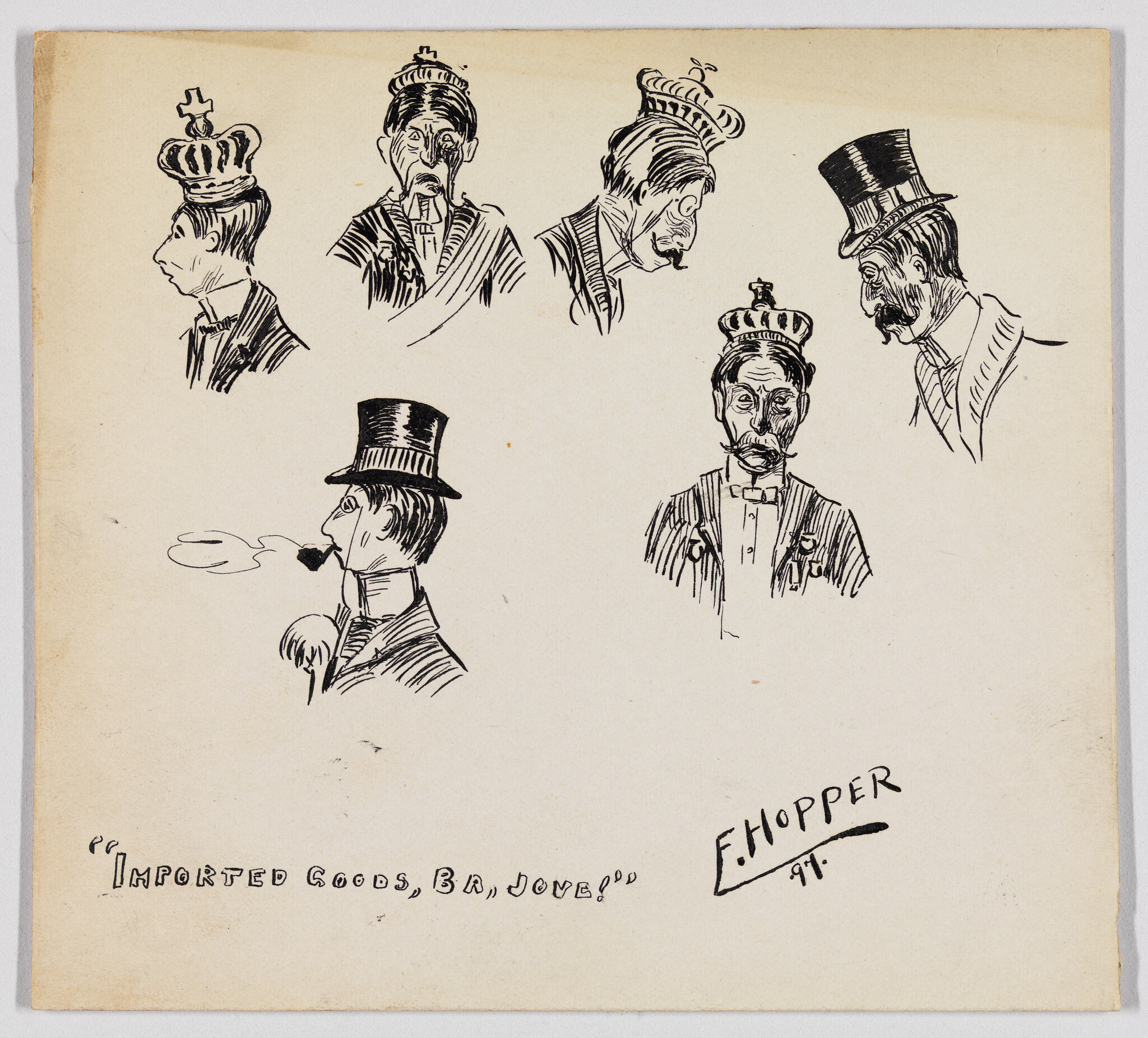 Seven ink sketches of men wearing crowns and top hats showing different facial profiles.