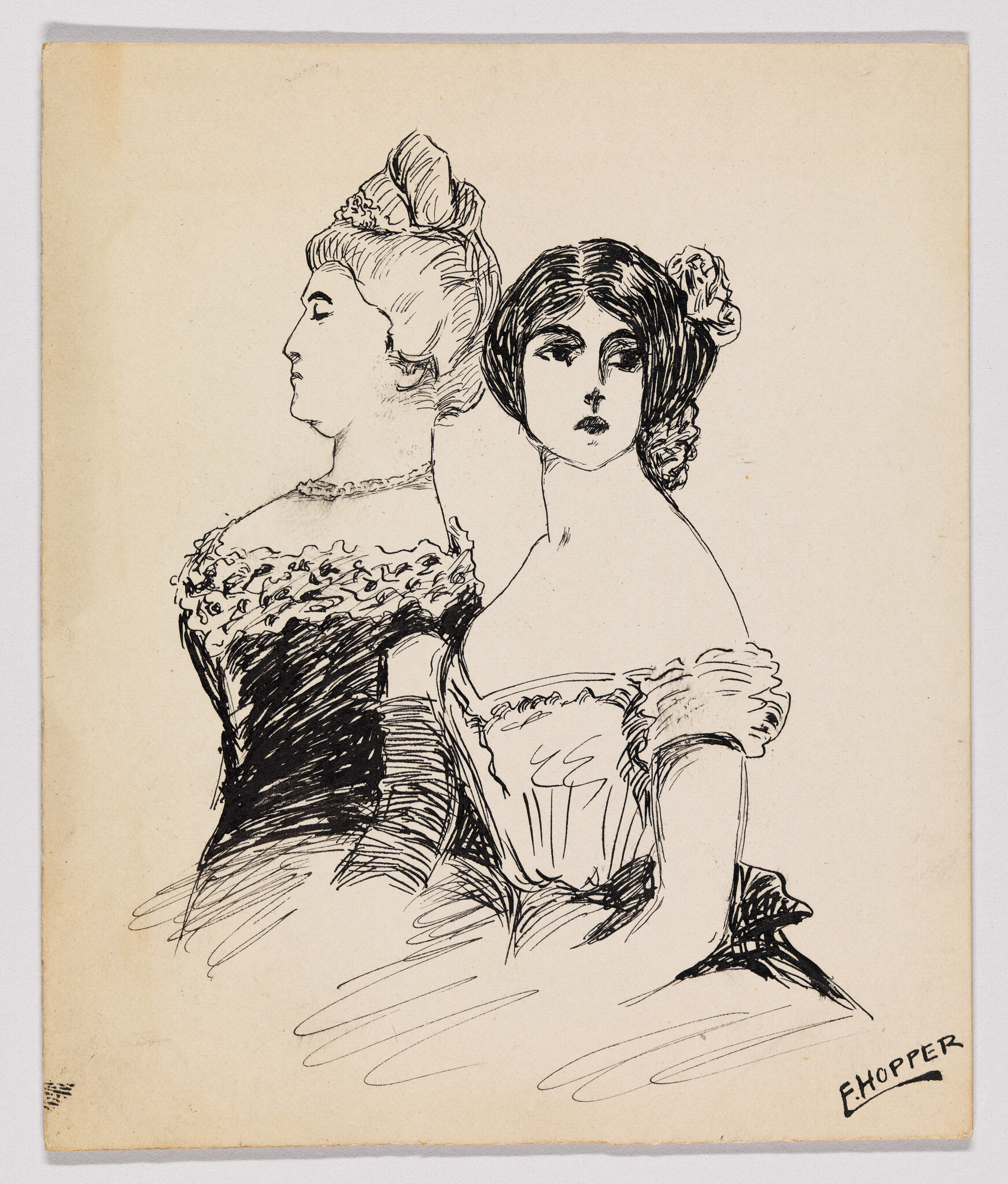 Two women in late 19th-century dresses sit side by side, one looking forward and one in profile.