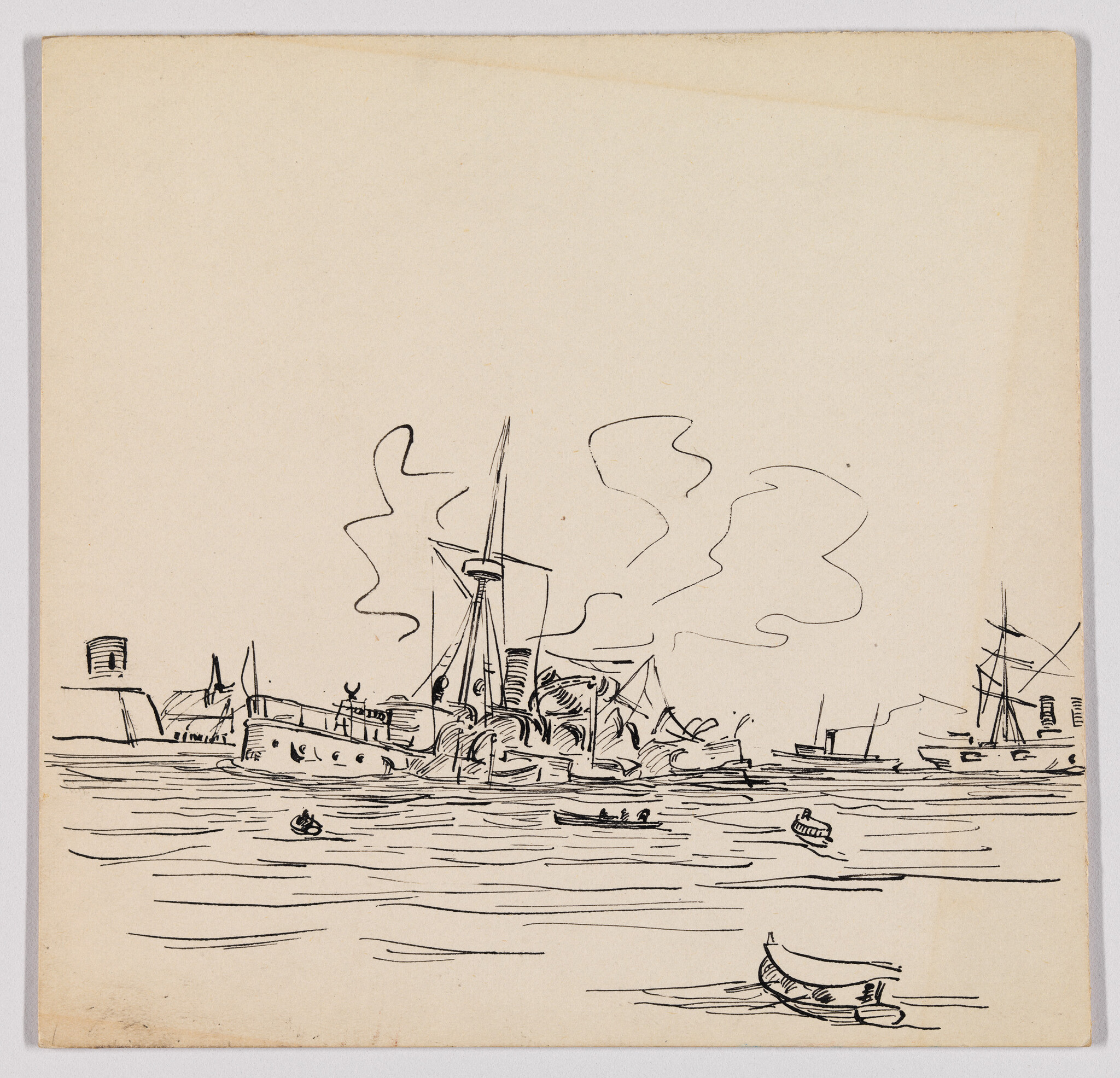 Several ships and small rowboats at a calm harbor with smoke rising from a steamer.
