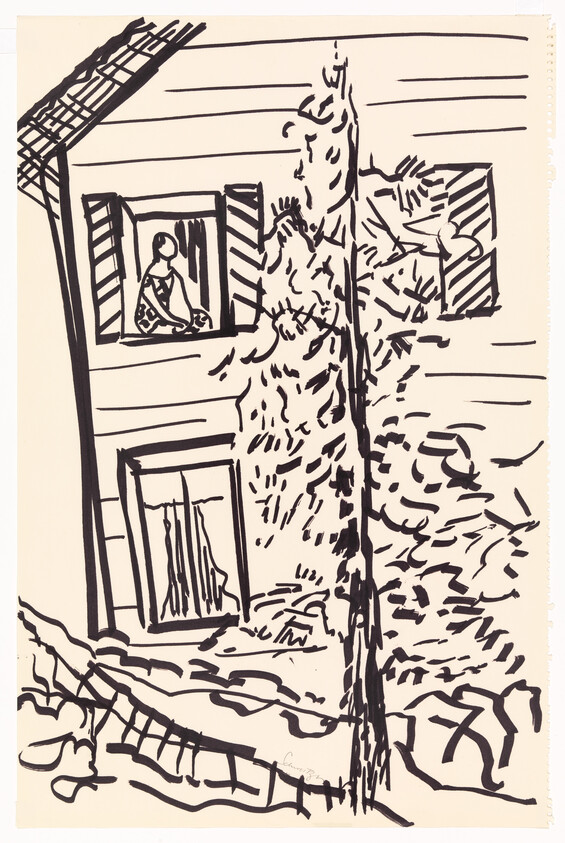 A pen sketch of a house with a person sitting at an open upstairs window beside a tall tree.