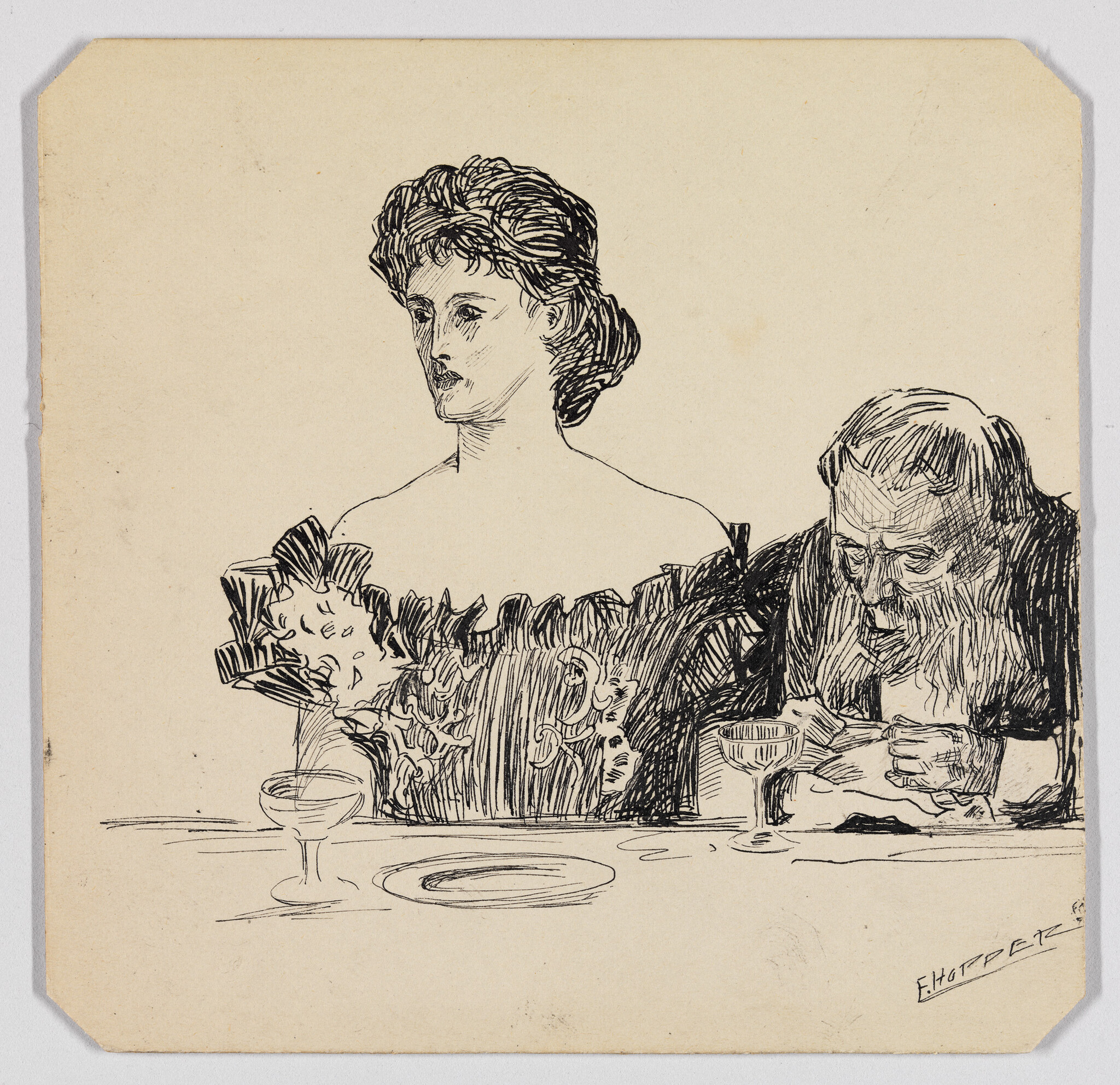 A young woman sits upright in an ornate dress while an older bearded man leans over the table.