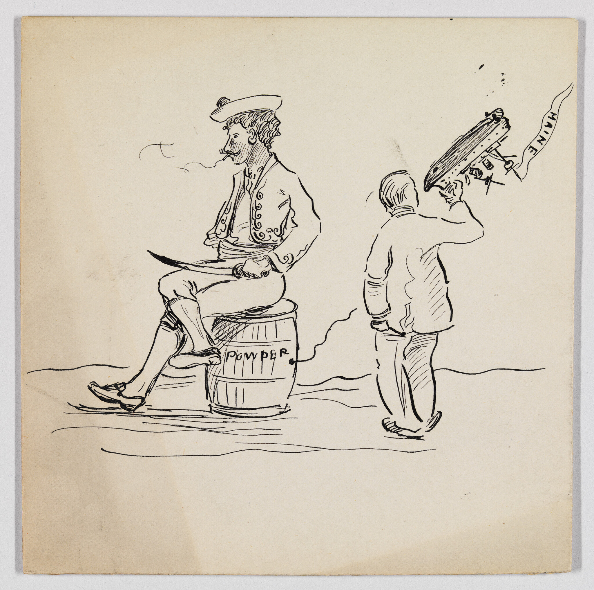 Sailor sitting on a powder barrel smoking while another man tips his hat toward a flying drum.