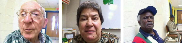 Three adults sitting against a light-colored wall, each looking toward the camera in separate portraits.