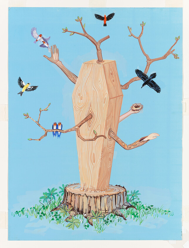 A carved tree stump with branch arms and several birds perched around a small nest.