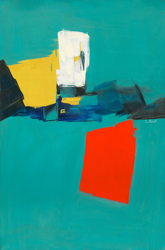 Bright abstract painting with turquoise background, red tilted rectangle and yellow and white geometric blocks.