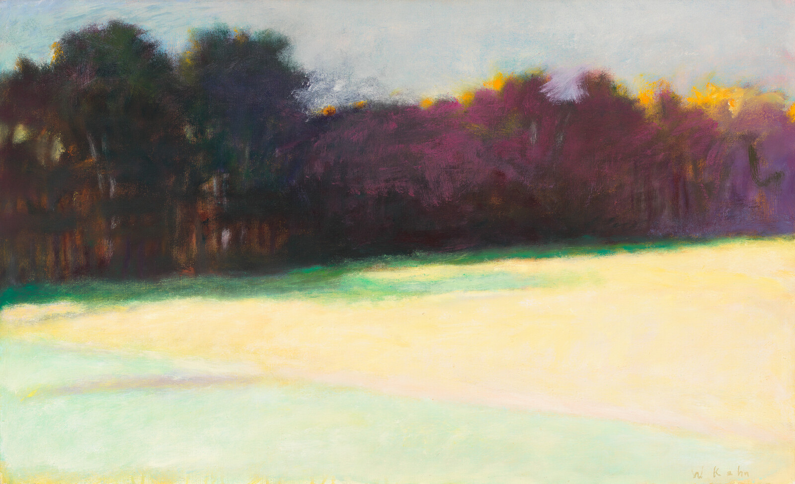 A soft pastel landscape showing a dark tree line above a pale sunlit field.