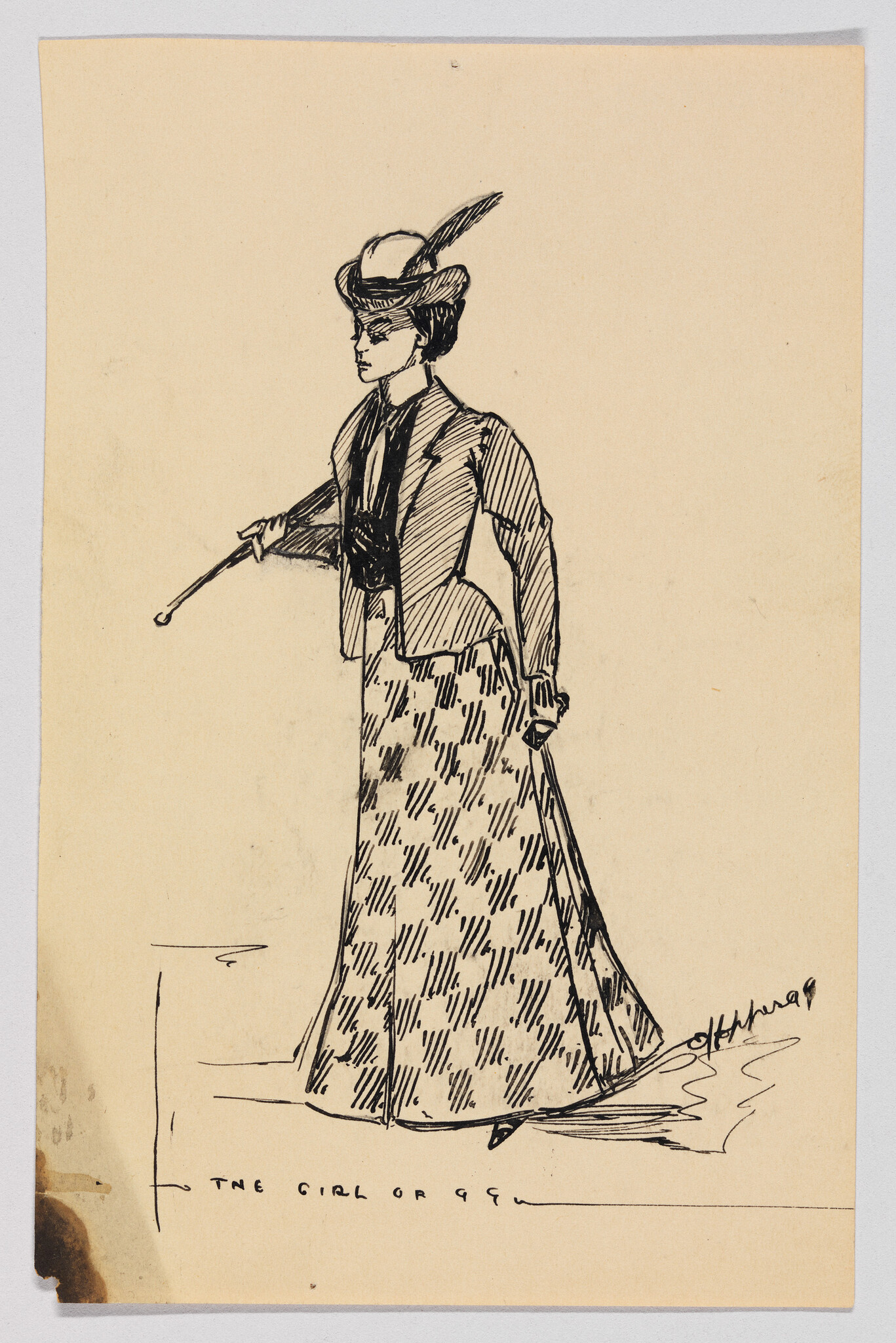 A woman in a long patterned skirt and jacket holds a walking stick and wears a feathered hat.