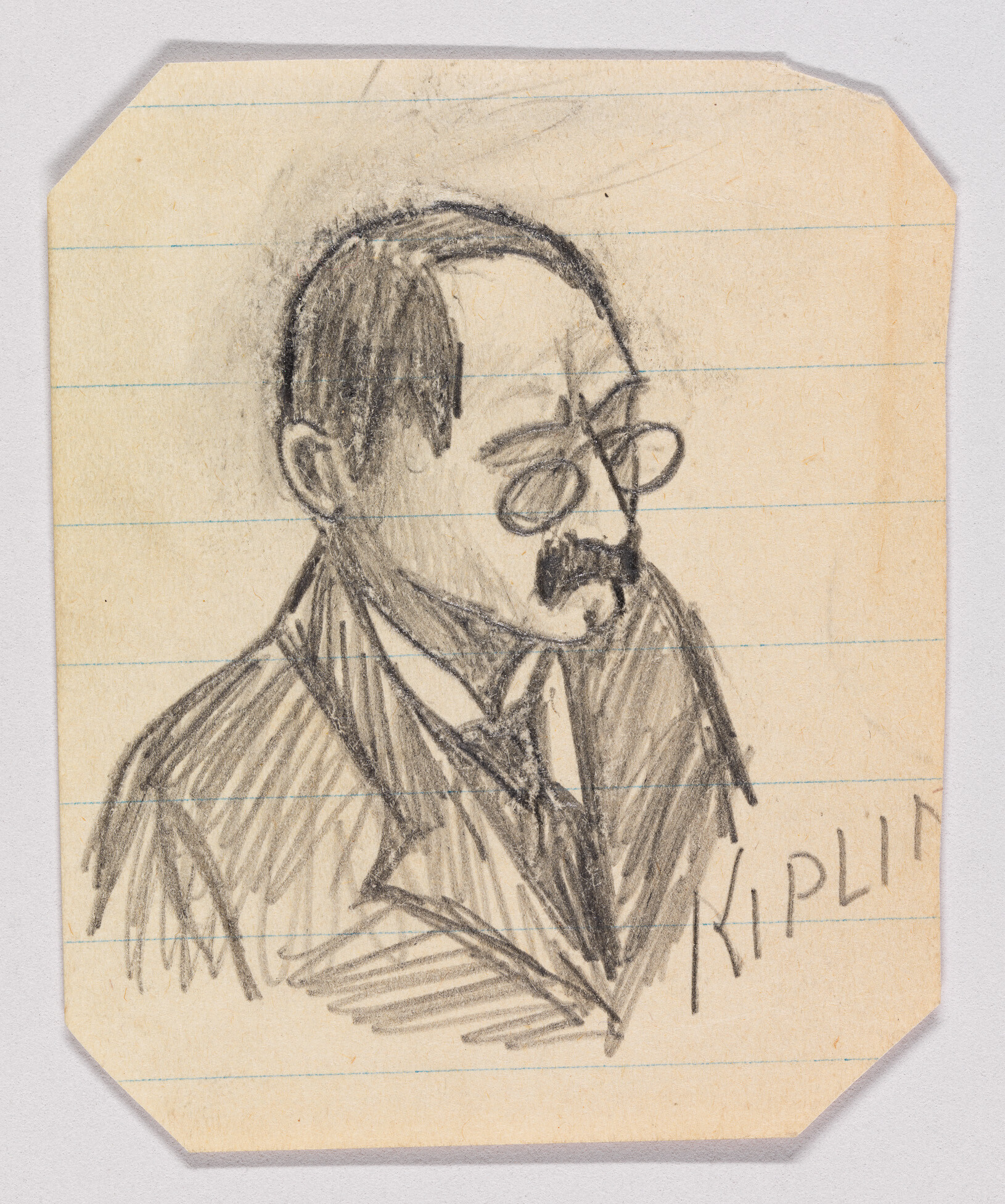 A pencil sketch of a bespectacled man with a mustache in a suit labeled "Kiplin."